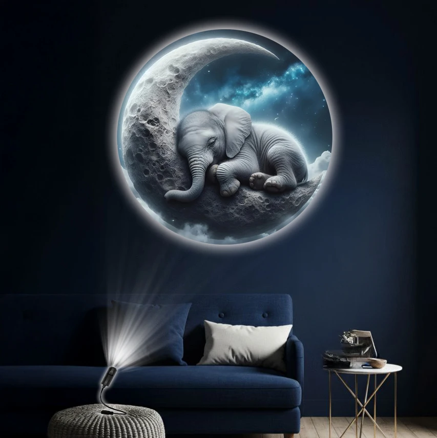 

Атмосфера USB-ночник, узор луны и слона, проекция домашней стены, подходит для создания романтической атмосферы.