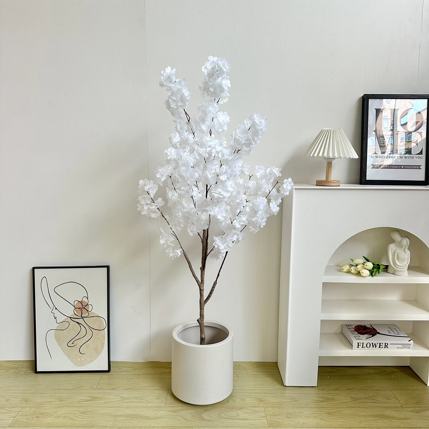 Planta artificial de cerejeira branca, 100-220cm, tronco natural, folhas falsas de seda, ornamental, planta falsa interna para decoração de casa, casamento