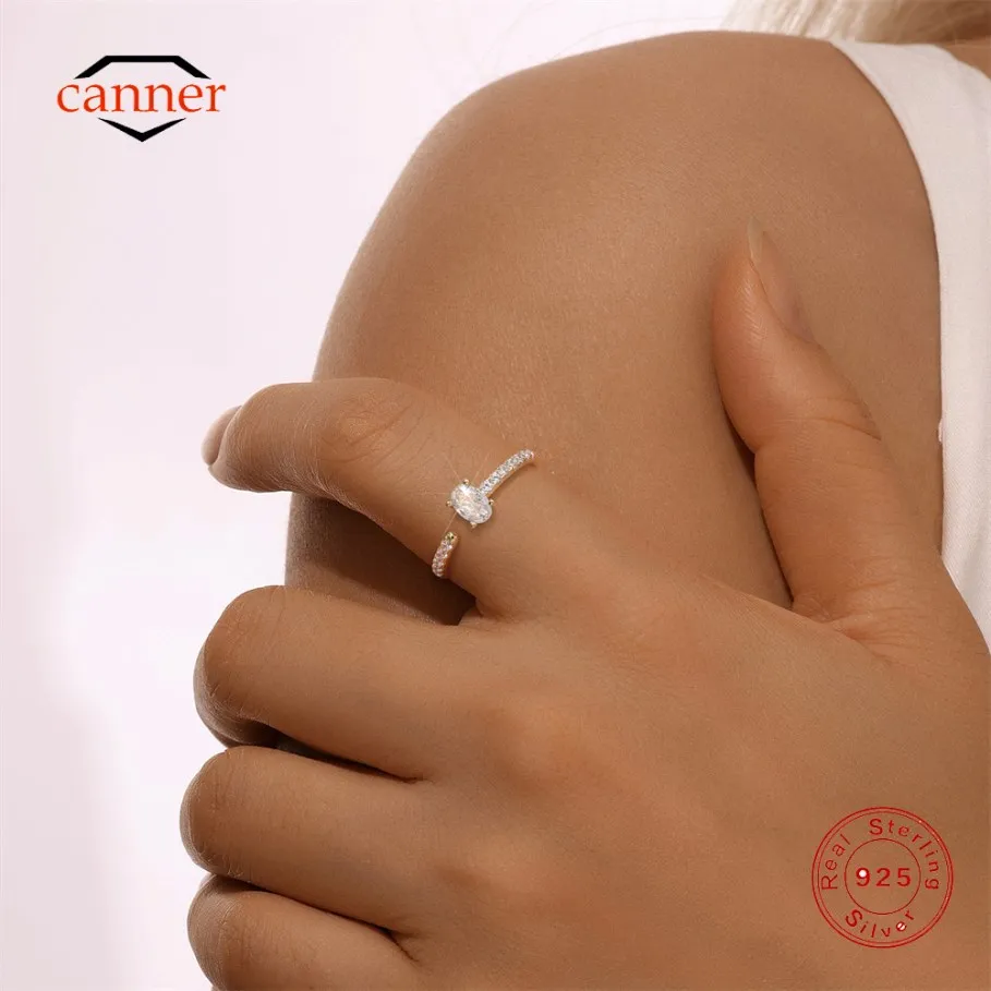 

CANNER 925 Sterling Silver Simple Single Egg Shaped Zircon Opening Ring For Women Ins Versatile Ring Fine Jewelry Party Gift