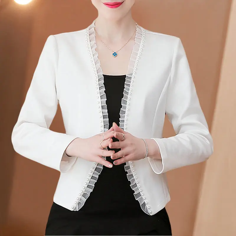 Long Sleeve Suit Jacket Women Beading V-neck Outerwear Cardigan Slim Korean Short Tops Black White Blazer Party Dress Shawl