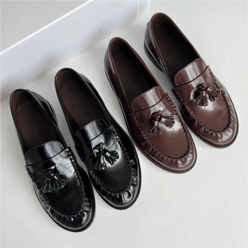 New retro flat bottomed calf leather hand sewn genuine leather sole women's loafers comfortable and casual single shoes for one