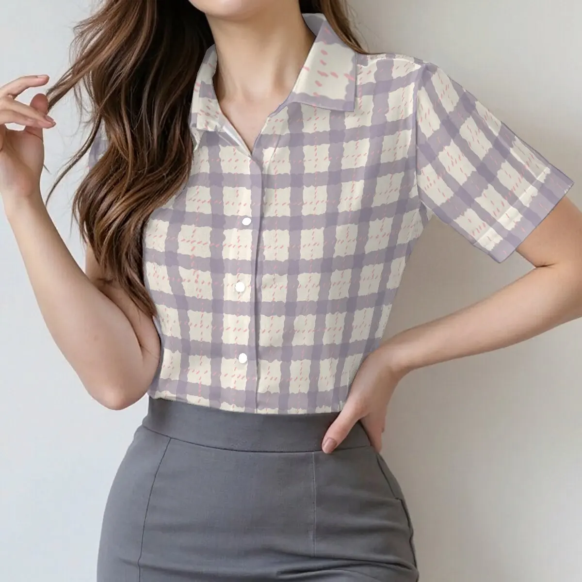 Summer women's plaid shirt, soft colors, fresh girly feel, simple and elegant, versatile for business commuting and dating.