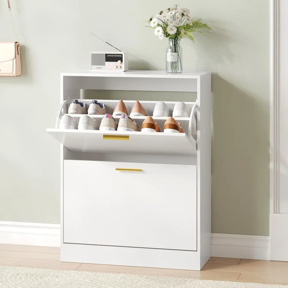 

Cabinet Storage for Entryway, White Shoe Organizer with 2 Flip Drawers amp Open Shelf, Freestanding Hidden Large Shoe Storage C