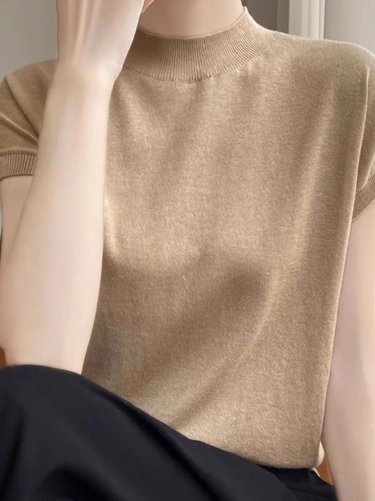 Women's Knitted ort Sve Slim Fit Base irt f High Collar Spring Autumn New Sle Exquisite Spinning oulder T-irt