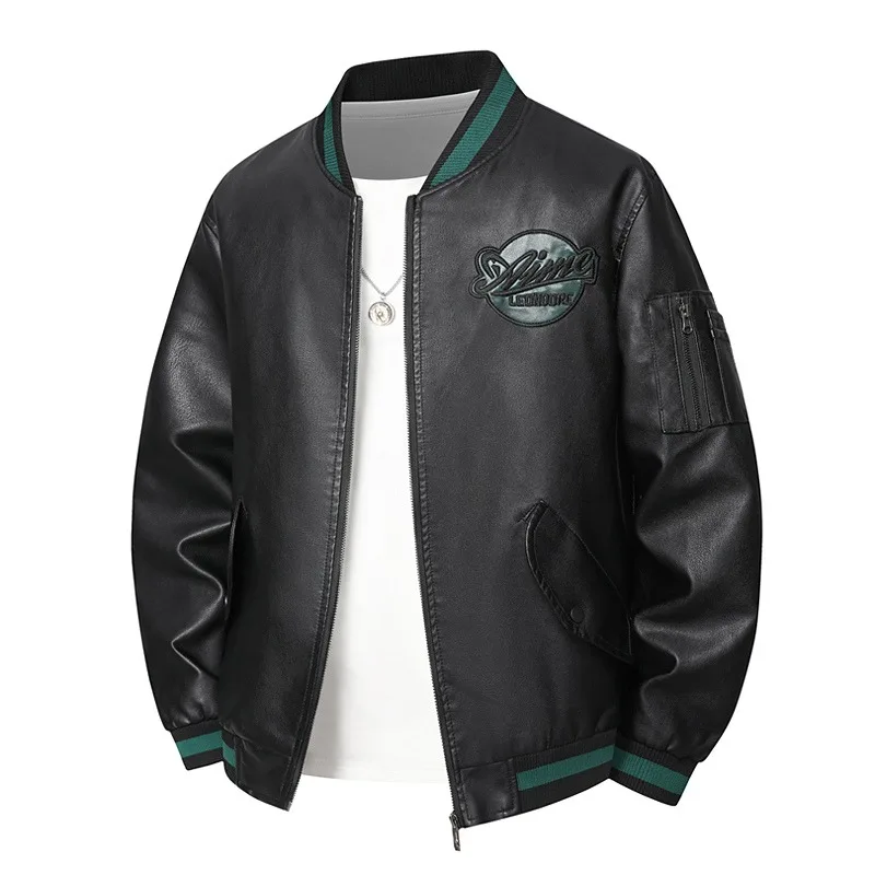 

Men's Round Neck Long Sleeve Pu Leather Zipper Pocket Cardigan Jacket Fashionable Casual Commuting Letter Print Top