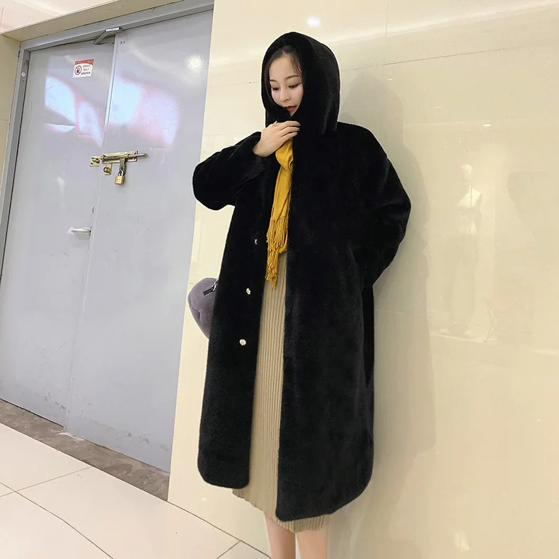 Women's Black Hooded Faux Fur Long Coat Loose Warm Minimalist Luxury Daily Winter Outerwear 2026
