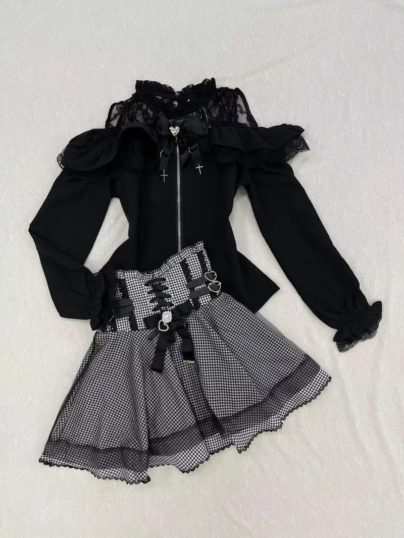 Gothic Women Clothing Spring New Japanese Style Lolita Lace Patchwork Long Sleeved Off The Shoulder Shirts + Plaid Skirt Sets
