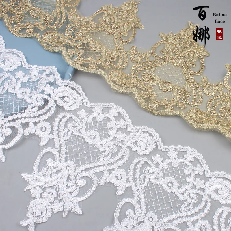 1 Yard 25cm wide Gold Ivory Sequin Cording Fabric Flower Venise Venice Mesh Lace Trim Applique Sewing Craft for Wedding Dec.