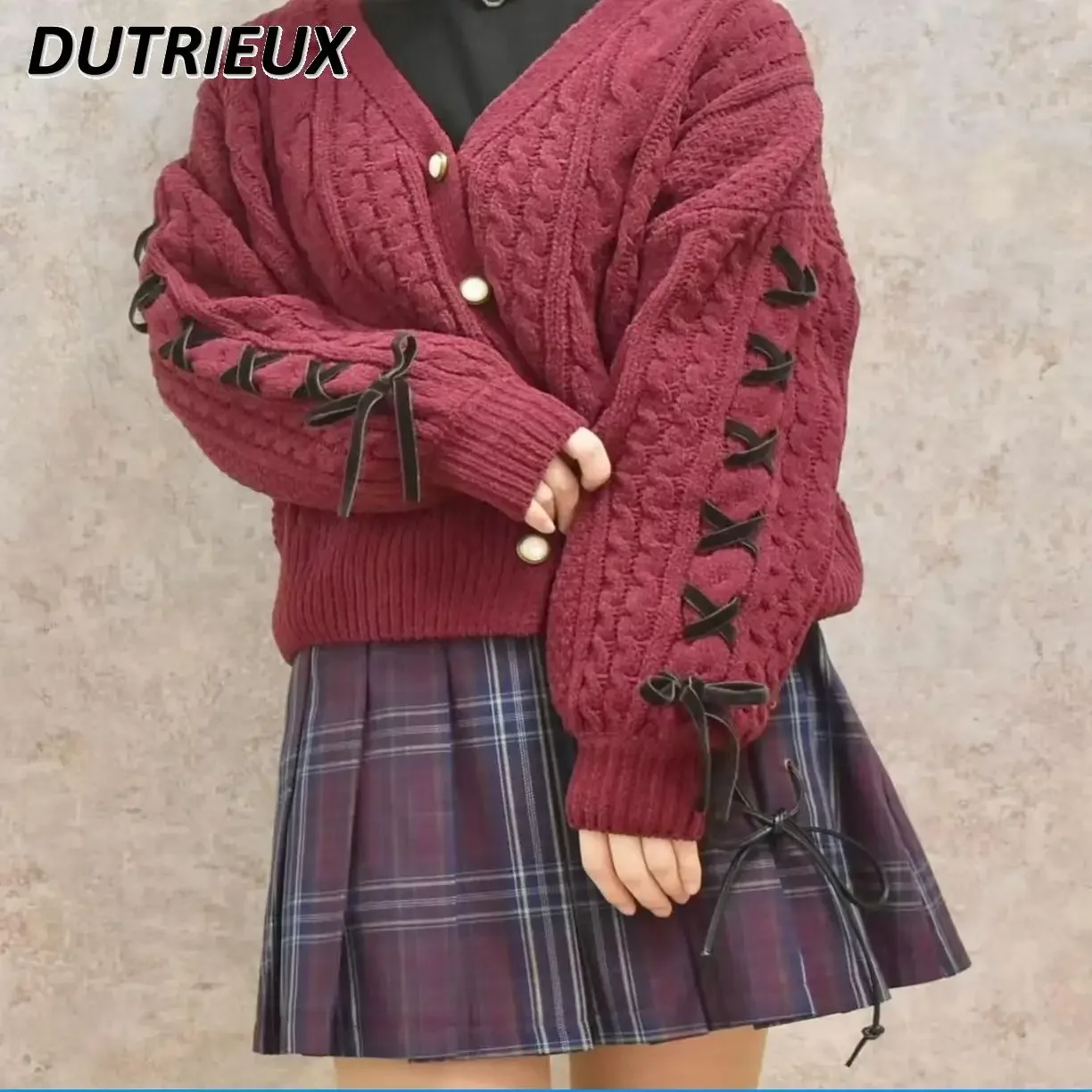 Morbido maglione con scollo a V a maniche lunghe con nastro Chenier Cardigan Autunno versatile tinta unita monopetto Giacca lavorata a maglia per ragazze dolci