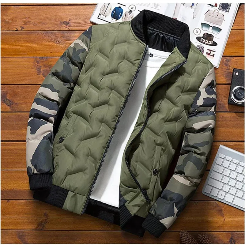 Men\'s Stand Collar Outwear Coat Men Winter Baseball Jacket Camouflage Patchwork Cotton Coats Slim Fit College Warm Jackets MY209