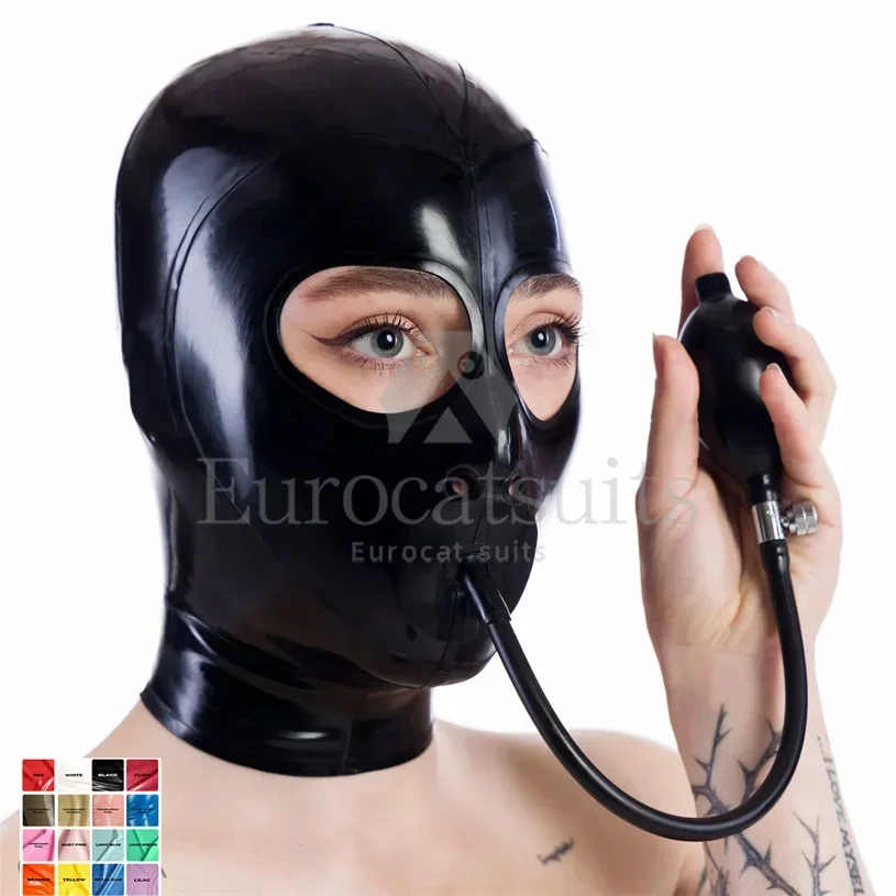 Latex Mask with Transparent Clear Face  Headwear Hood Red Latex hood with micro perforations