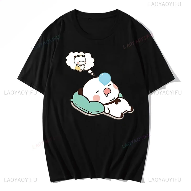 Couple Shirts Kawaii Cute BuBu Panda Going To Sleep with DuDu Bear Graphic Tshirt Funny Cotton Unisex Clothes Lovers' Clothes