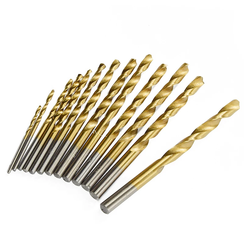 13pc 1.5-6.5mm Round Shank Twist Drill Bit Set Titanium Coated Hole Cutter High Speed Steel Gun Drill Bit Woodworking Metal Tool