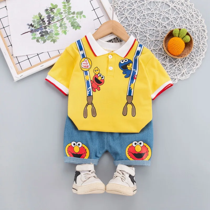 New Children Clothes for Baby Infant Boy Girl Cute Sesame Street Print Clothing Sets Summer Soft Polo T-shirt+Shorts 2pcs Suits