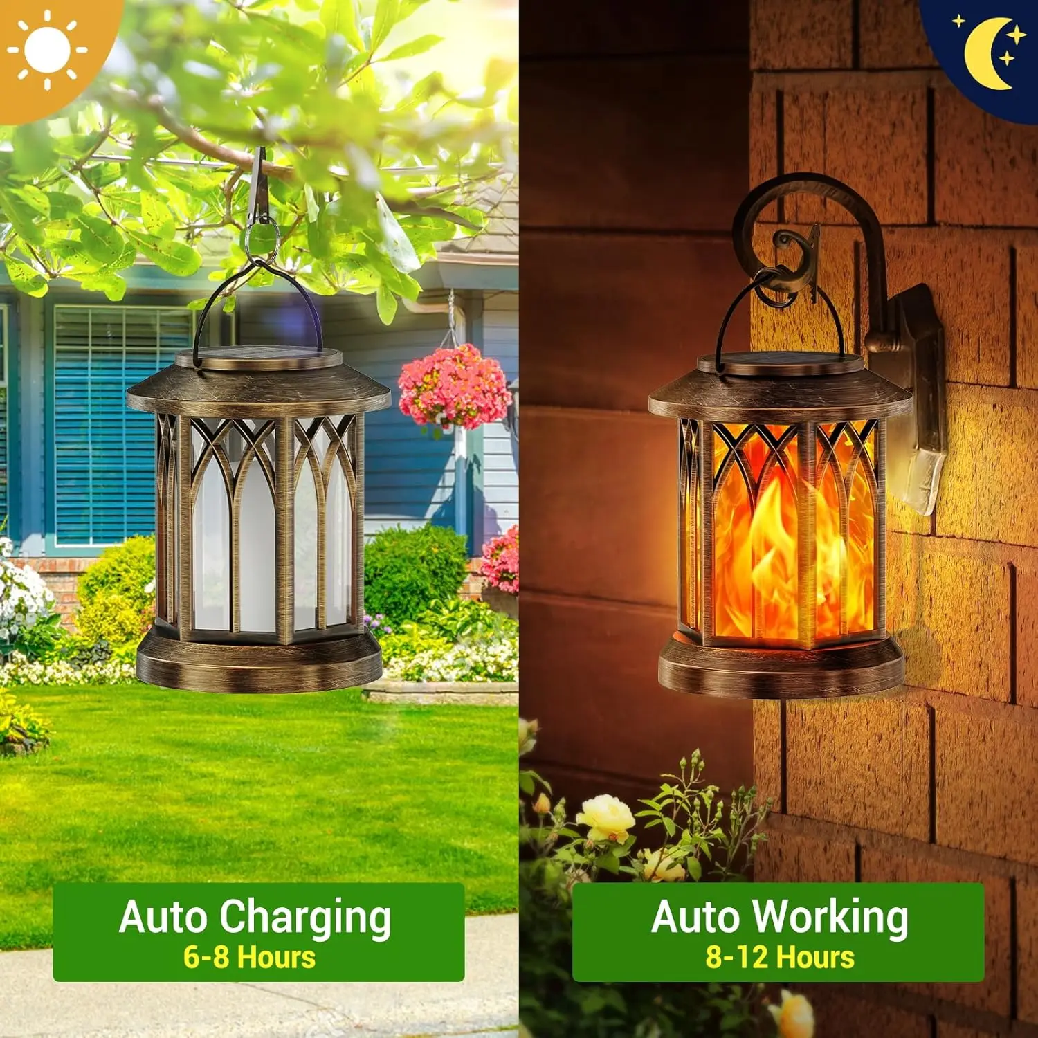 4 Pack Solar Lanterns Outdoor Waterproof, Flickering Flame, Auto On/Off, Bronze