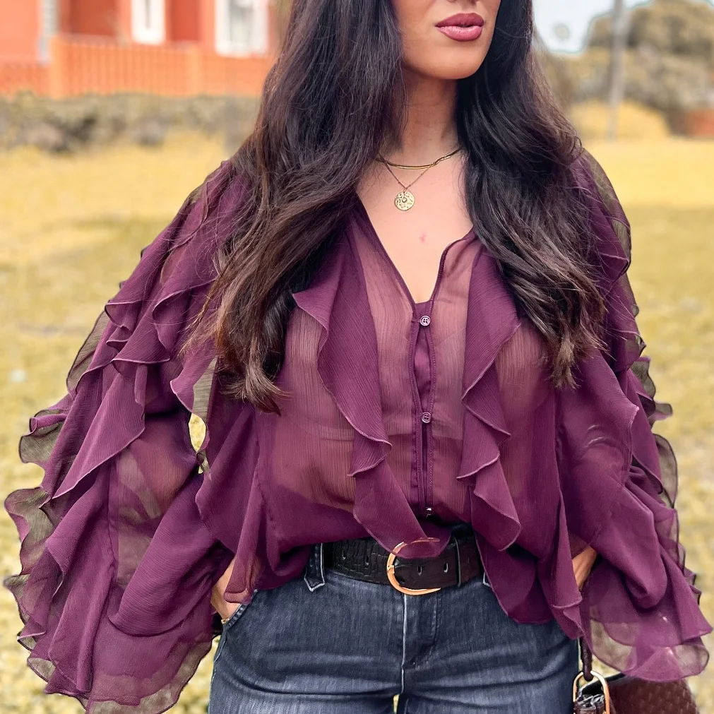Women's Elegant Ruffled Trumpet Sleeve Oversized Shirt Chic V Neck Solid Color Cropped Shirt Vacation Women Commuter Streetwear