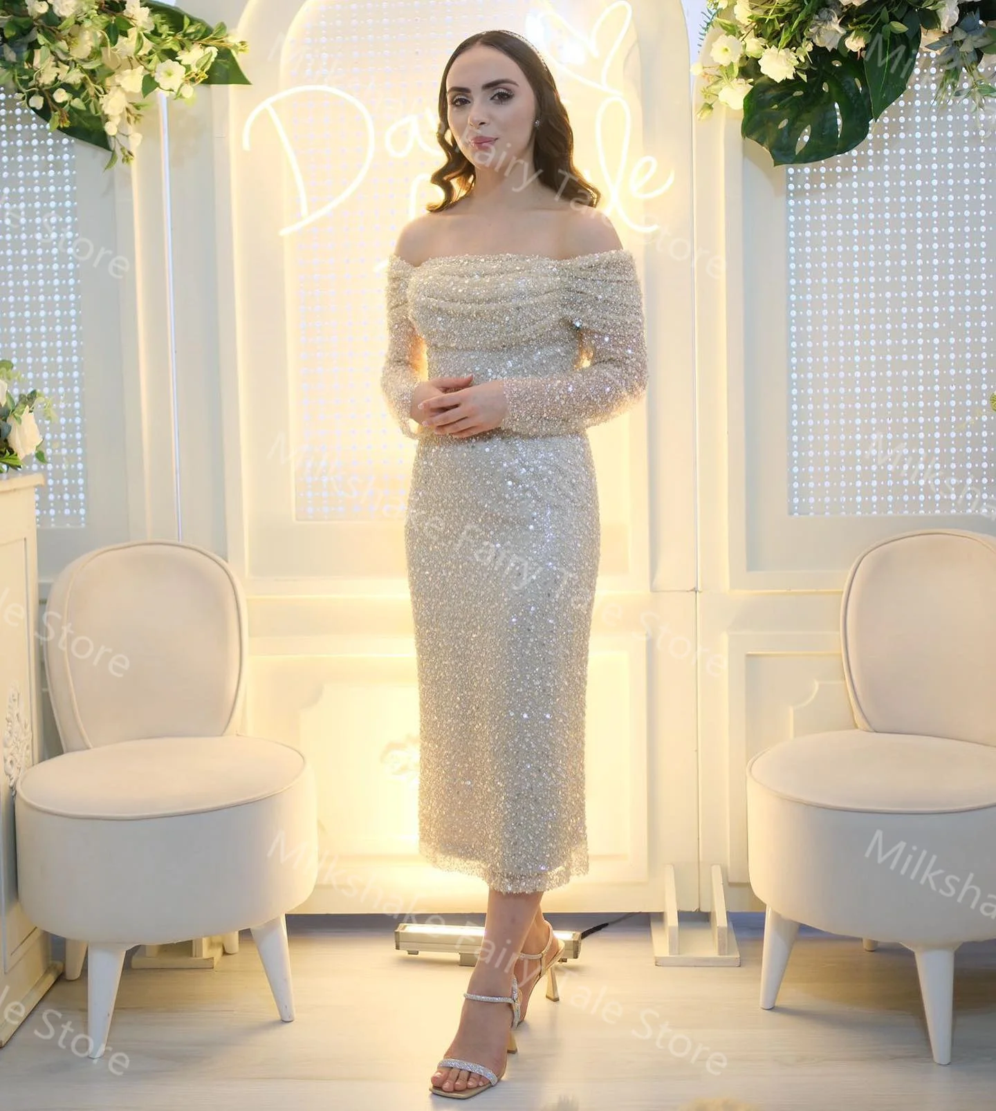 Light Champagne Cocktail Dresses Off Shoulder Glitter Sequins Prom Gowns Long Sleeves Tea Length Engagement Party Dresses