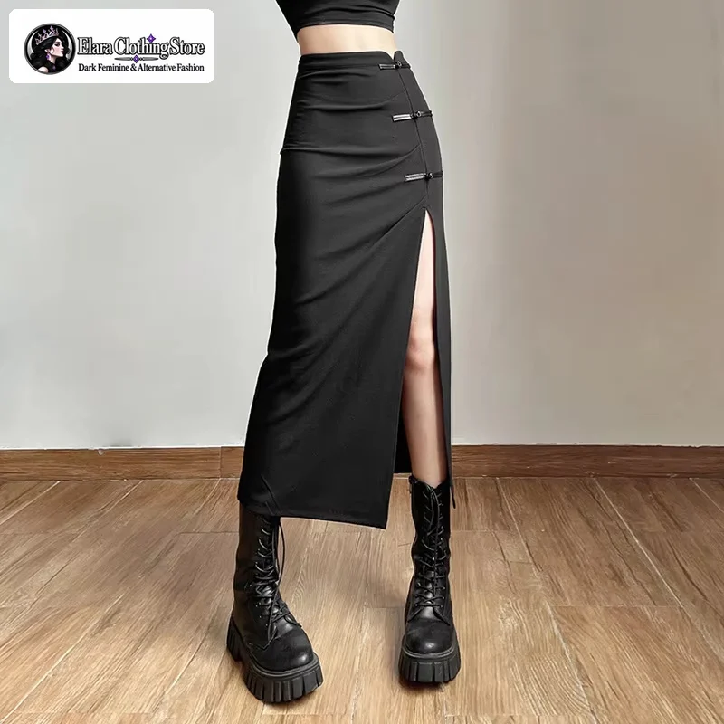 Elara 2026 New Autumn Western Slim Fit Slit Y2K Cargo Midi Skirt Gothic Sexy High Waist Korean Fashion Ruched Women’s Skirt