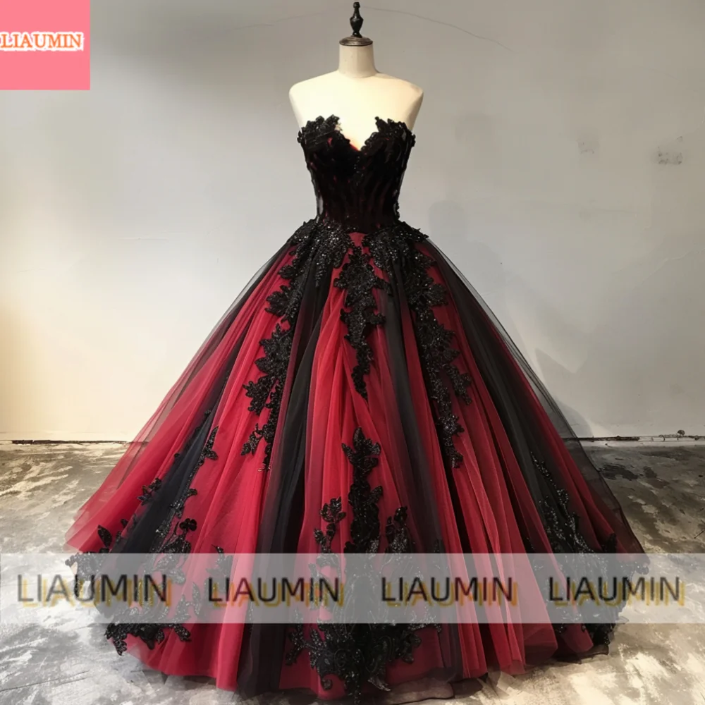 New Red Tulle Black Lace Applique Strapless Ball Gown Lace Up Back Full Length Evening Formal Occasion Princess Prom Dress W9-6