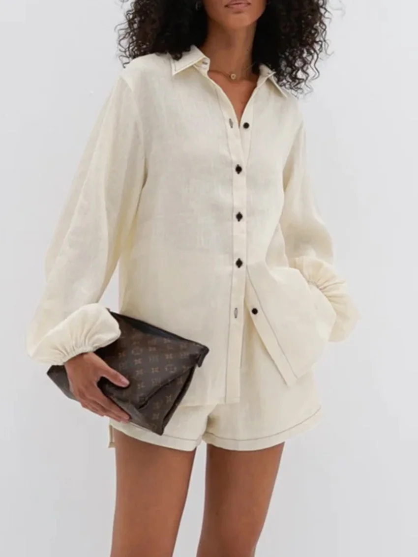 Marthaqiqi-terno de algodão para mulheres, camisolas de manga comprida, gola virada para baixo, shorts de pijama casual feminino, conjunto de 2 peças