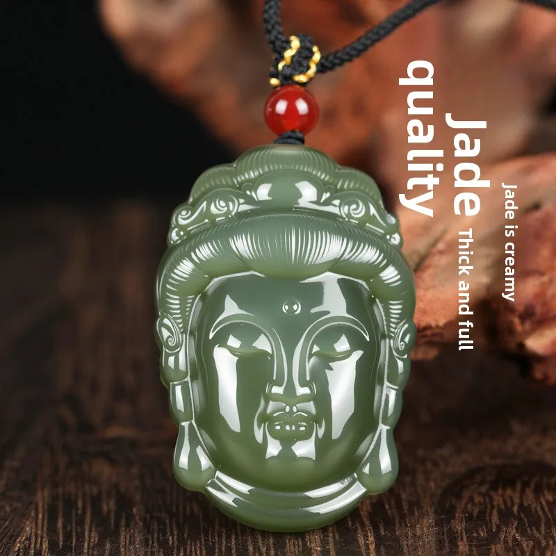 Chinese Style Traditional Natural Lake Green Hetian Jade Guanyin Head Pendant Lucky Blessing Peace Amulet Necklace For Men And