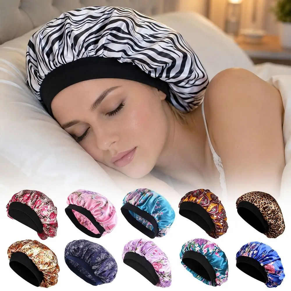 Floral Pattern Satin Sleep Bonnet Elastic Wide Band Head Wrap Bath Hair Cap Hair Loss Cover Shower Caps Hair Wrap Accessories