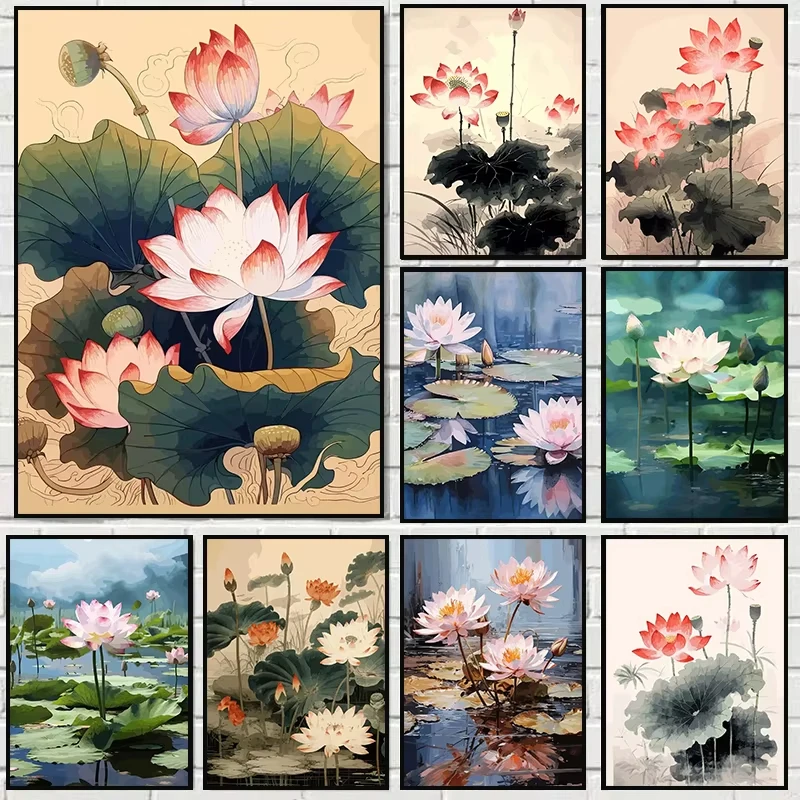 5D DIY Diamant-Malerei-Set Chinesische Lotusblume Blatt Traditionelle Kunst Vollflächiges Strass-Mosaik Wanddekoration Handwerk Heimgeschenk