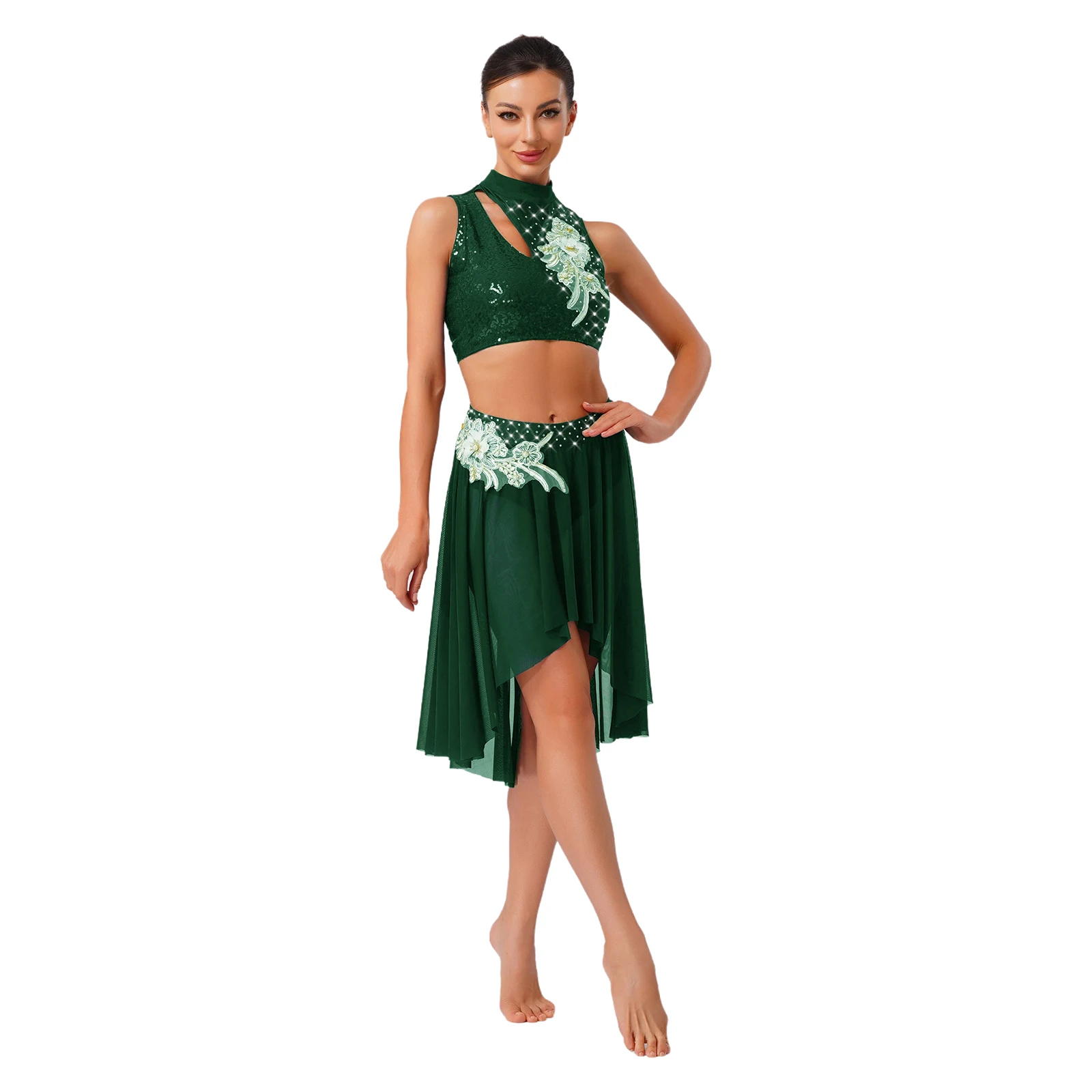 

Womens Lyrical Dance Outfits Embroidery Applique Sleeveless Hollow Out Crop Top with Mesh Hem Briefs Skirt 2-piece Set Dancewear