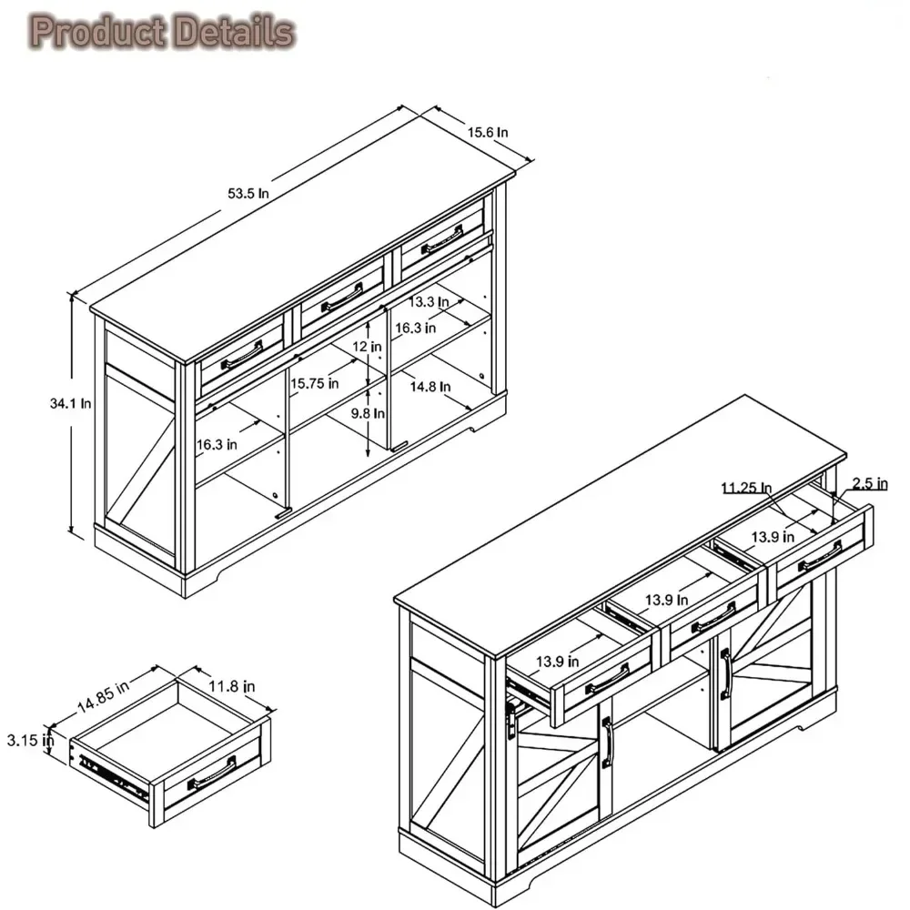 Sideboard Cabinet with 3 Drawer, Sliding Barn Door, Combines Functionality Aesthetics and Space Utilization, Livingroom Cabinet