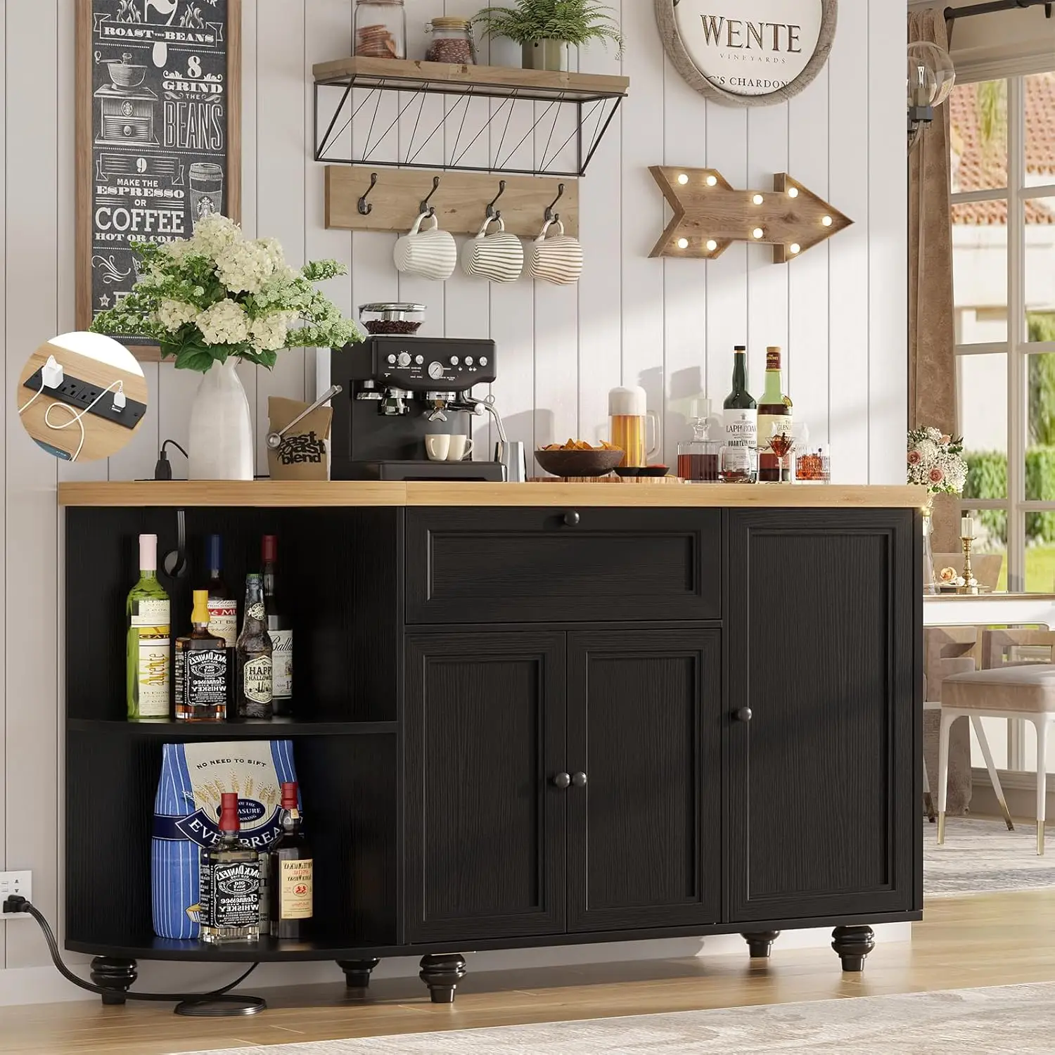

55" Coffee Bar with Power Outlet, Wine Bar Cabinet with Wine Rack, Home Coffee Bar Cabinet, Dining Room, Living Room Black