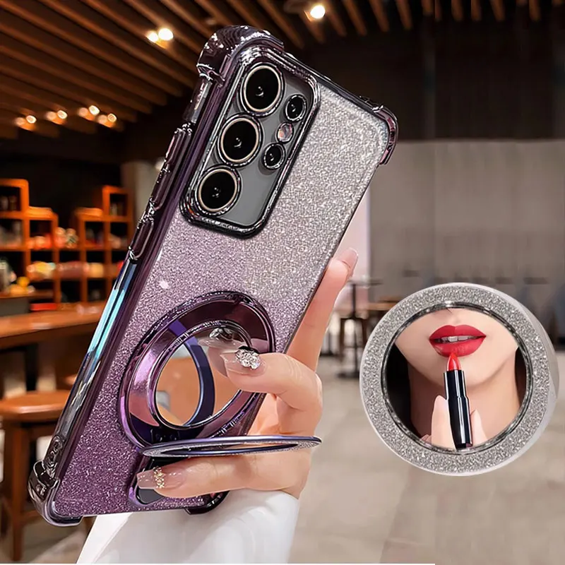 

Чехол с кольцом S24ultra Bing для Samsung S25ultra S23ultra A56, чехол-держатель с зеркалом, роскошный противоударный мягкий чехол GalaxyS24ultra