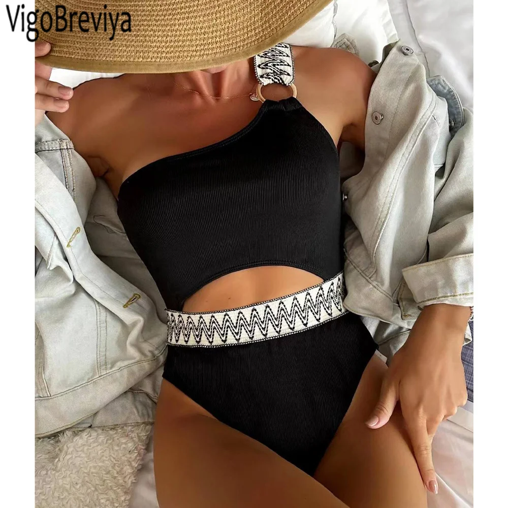 VigoBeviya 2025 Sexy Solid One Shoulder Swimwear Women Hollow Push Up One Piece Swimsuit Monokini Summer Backless Bathing Suit