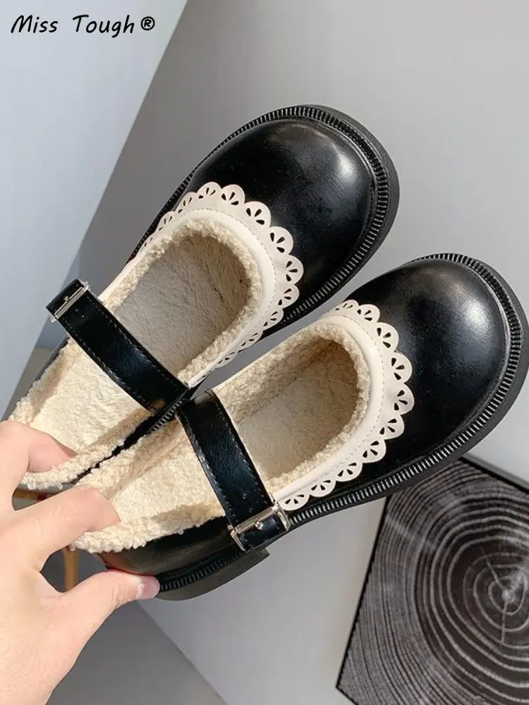 

Туфли Kawaii Sweet Mary Janes женские дизайнерские милые плюшевые туфли с пряжкой в колледском стиле Женские однотонные повседневные сандалии осень 2022