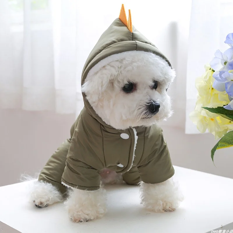1PC Pet Clothes Winter Plush Thick Military Color Fat Dinosaur Four legged Cotton Coat Suitable for Small and Medium sized Dogs