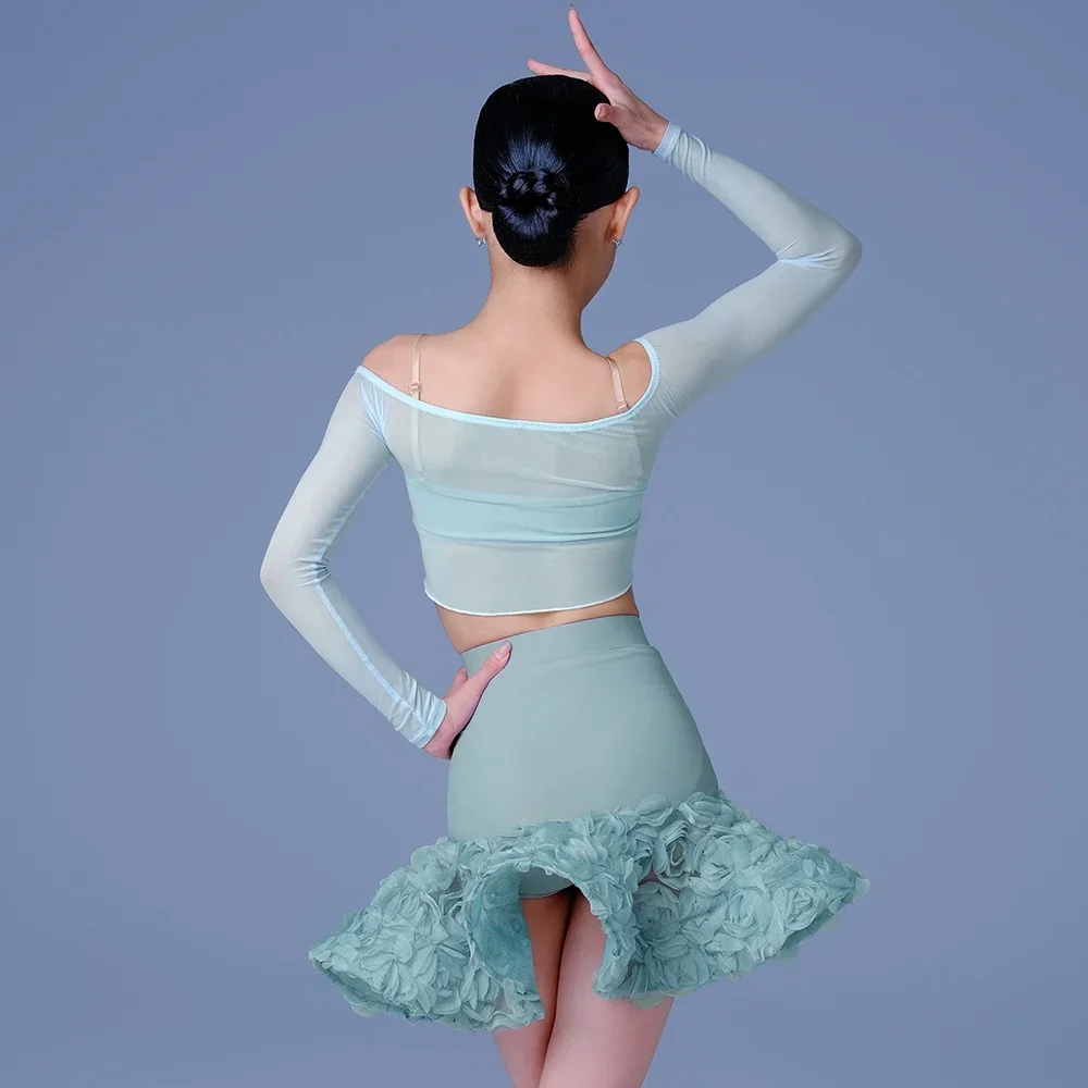 Sukienka do tańca latynoamerykańskiego Vennystyle dla dziewczynek, jesienno-zimowa, z dekoltem typu halter, długim rękawem, kokardą, bluzą i spódniczką z falbankami.