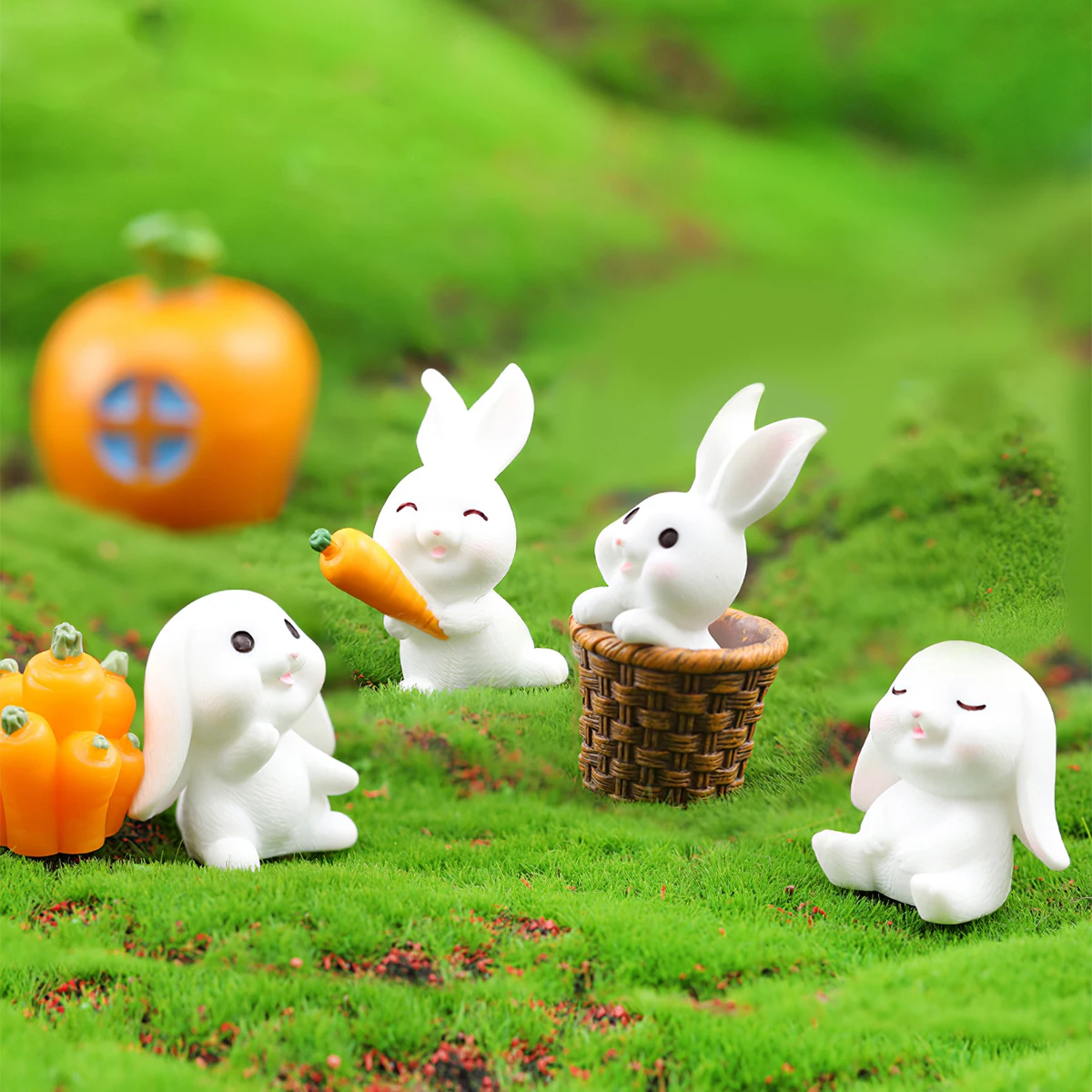 7 pieces, a set of creative and cute white mini statue ornaments in the shape of a little rabbit holding a carrot