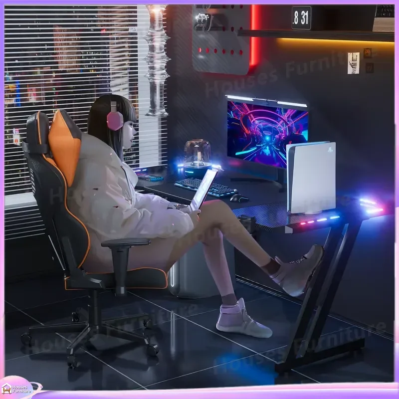 Cheap Wholesale Multifunctional Z-Shaped Gaming Desk with LED Lights Adjustable Height Ergonomic Computer Table for PC Laptop