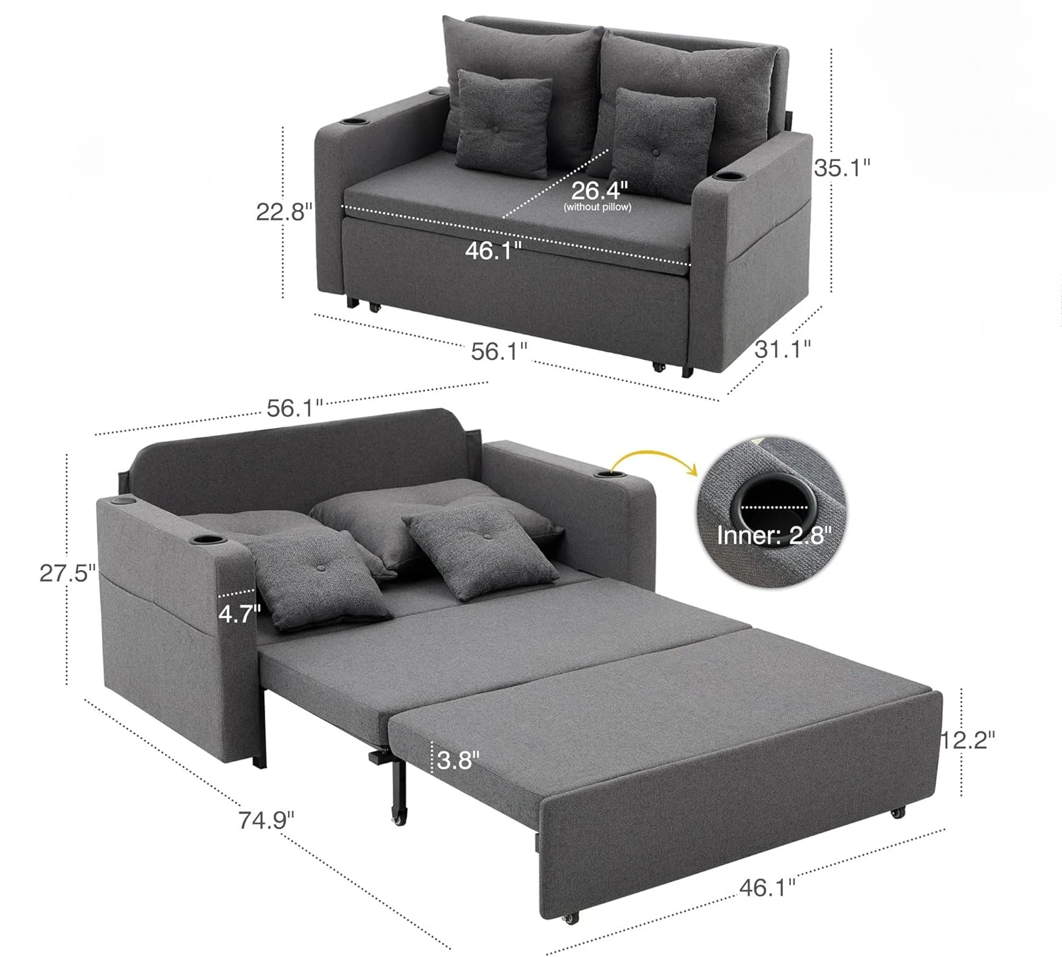 3 in 1 Pull Out Couch, 56 Inch Convertible Sleeper Sofa Bed, Cup Holders, USB, Couches for Living Room, Bedroom, Apartment, Grey