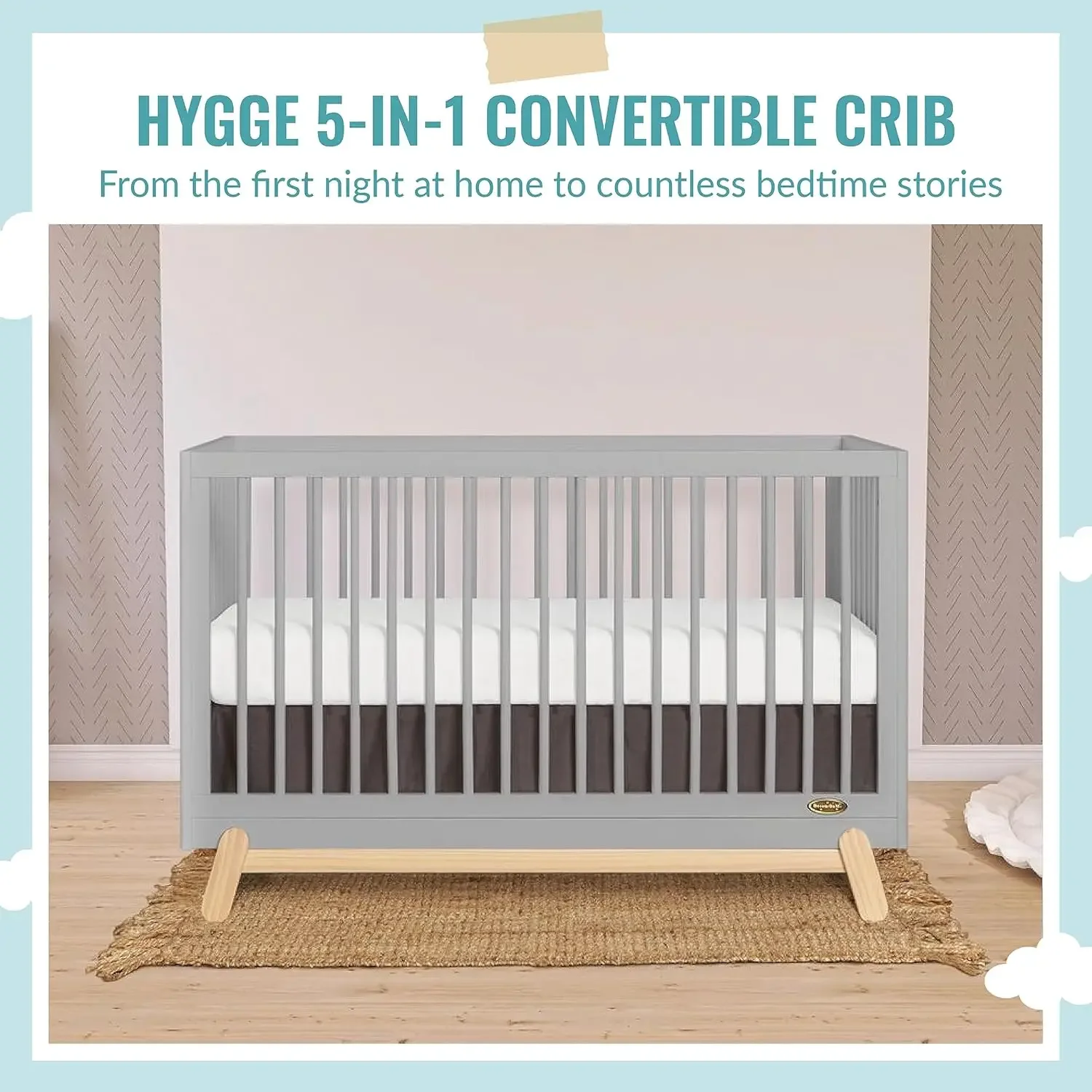 Hygge 5-in-1 Convertible Crib in Pebble Grey Oak, JPMA & Greenguard Gold Certified, Made of Sustainable Pinewood, Easy to Clean,