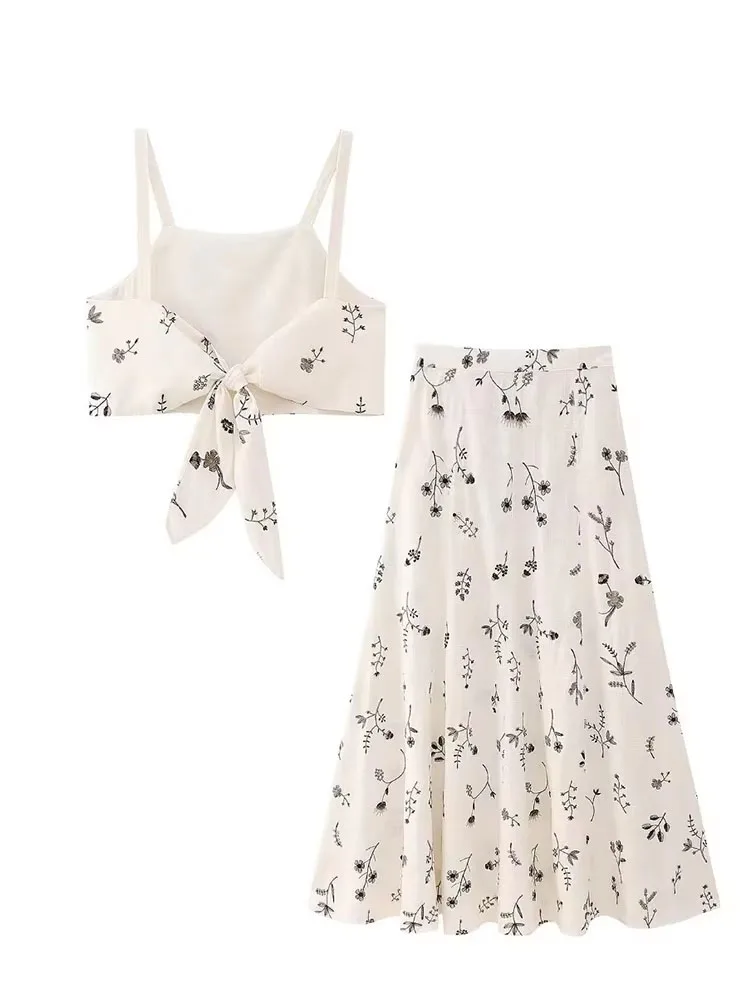 Women Fashion Summer Skirt Suits Printed Sleeveless Backless Crop Vest+Drawstring A-Line Skirt Two Pieces For Women