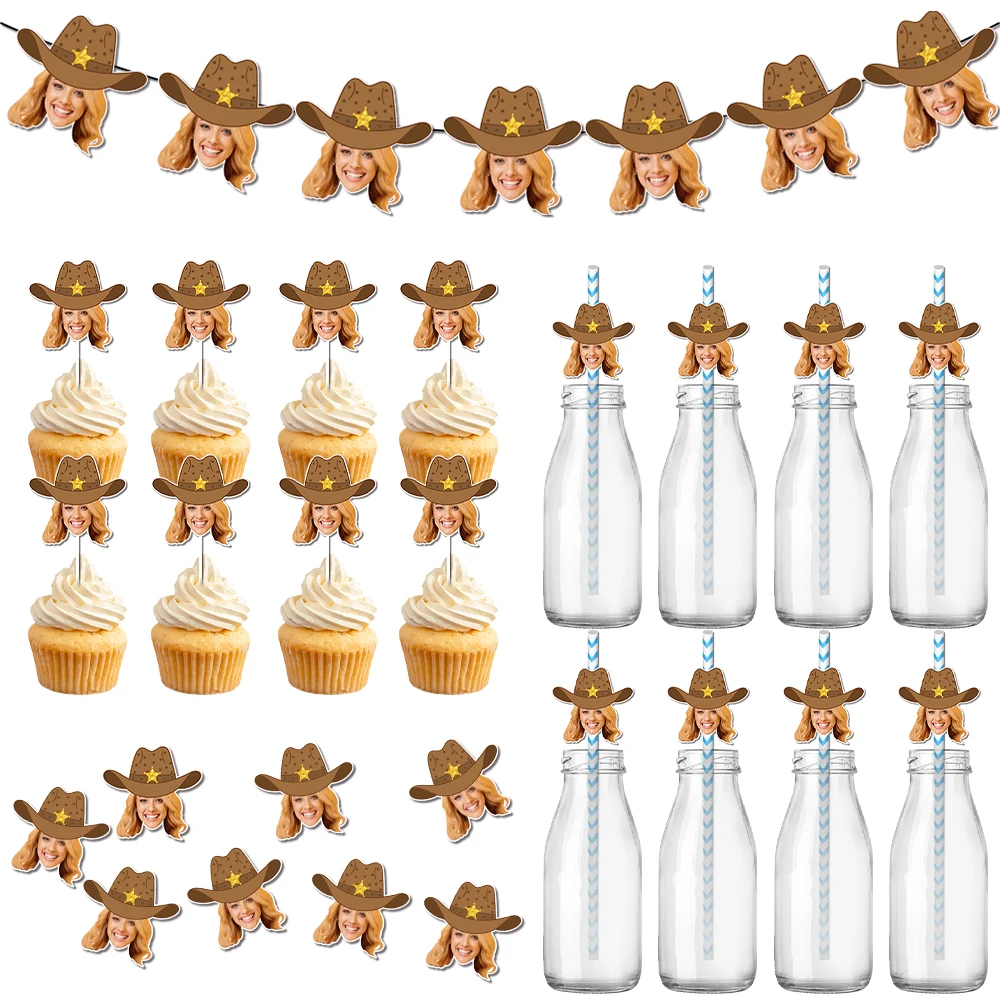 تخصيص شخصية صورة الوجه راعية البقر راية رعاة البقر كعكة توبر القش ملصق العازبة الكبار حفلة عيد ميلاد الديكور #2