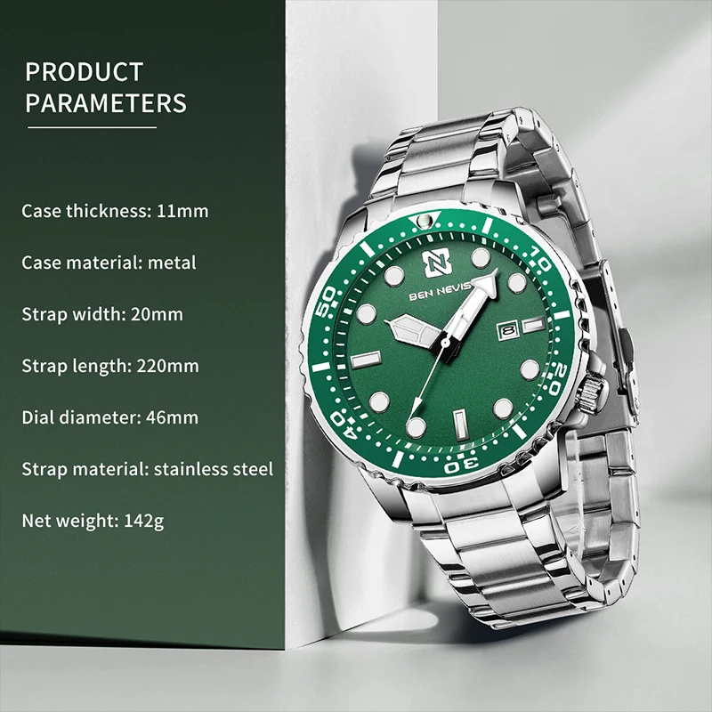 46mm BEN NEVIS Sports Quartz Watch 30M Waterproof Quartz Movement Luxury Green Diving Water Ghost Style Watch