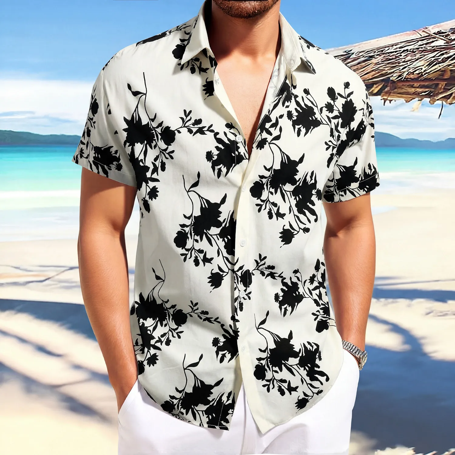 

Men Cotton Short Sleeve Floral Shirt Fashion Casual Printed Blouse Men Trendy Loose Streetwear Shirts Breathable Tops for Guys