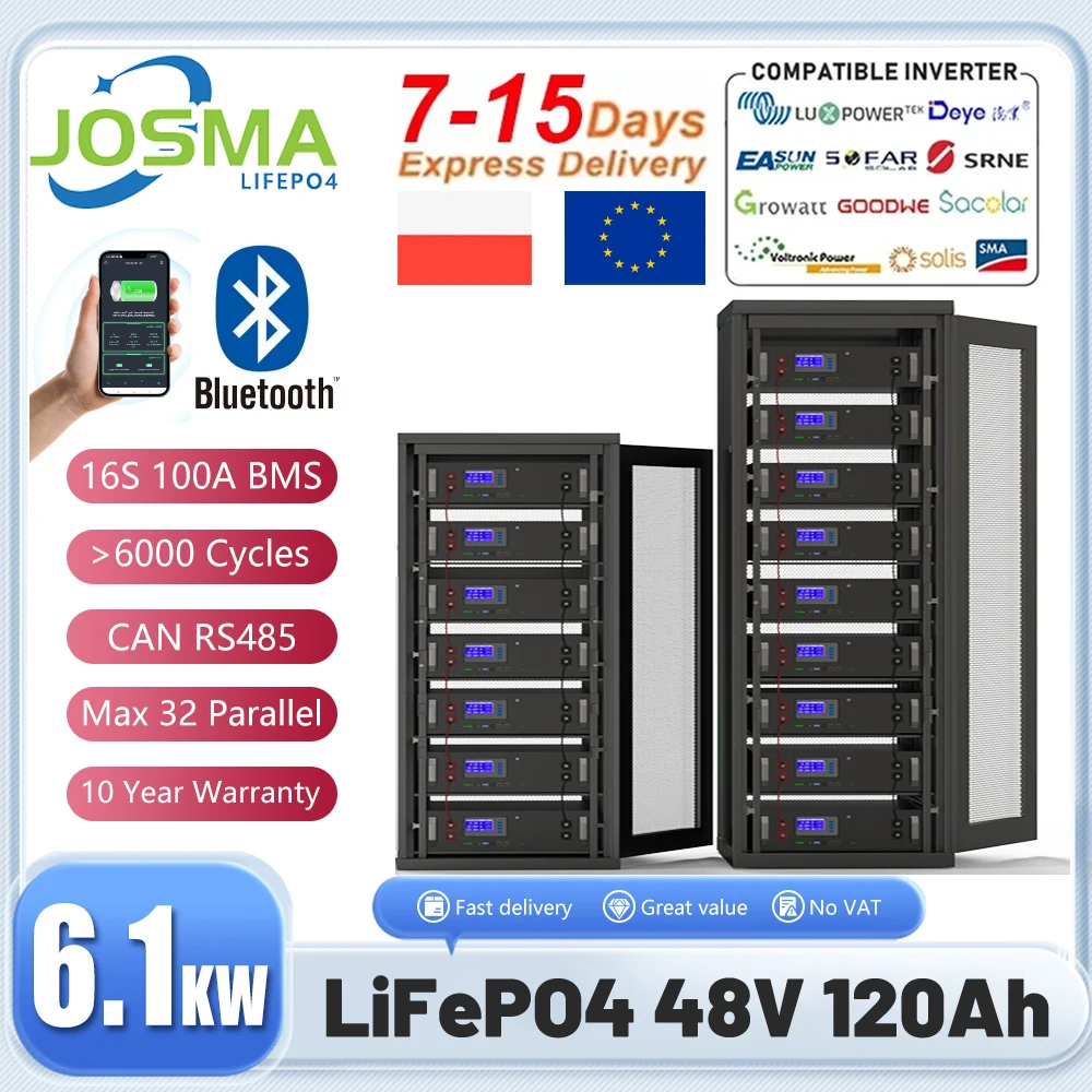 LiFePO4 배터리 팩, 6000 사이클, 블루투스 스마트 BMS, 리튬 배터리, EU UA, 세금 없음, 51.2V, 100Ah, 150Ah, 200Ah, 12V, 24V, 48V, 120Ah, 6Kwh