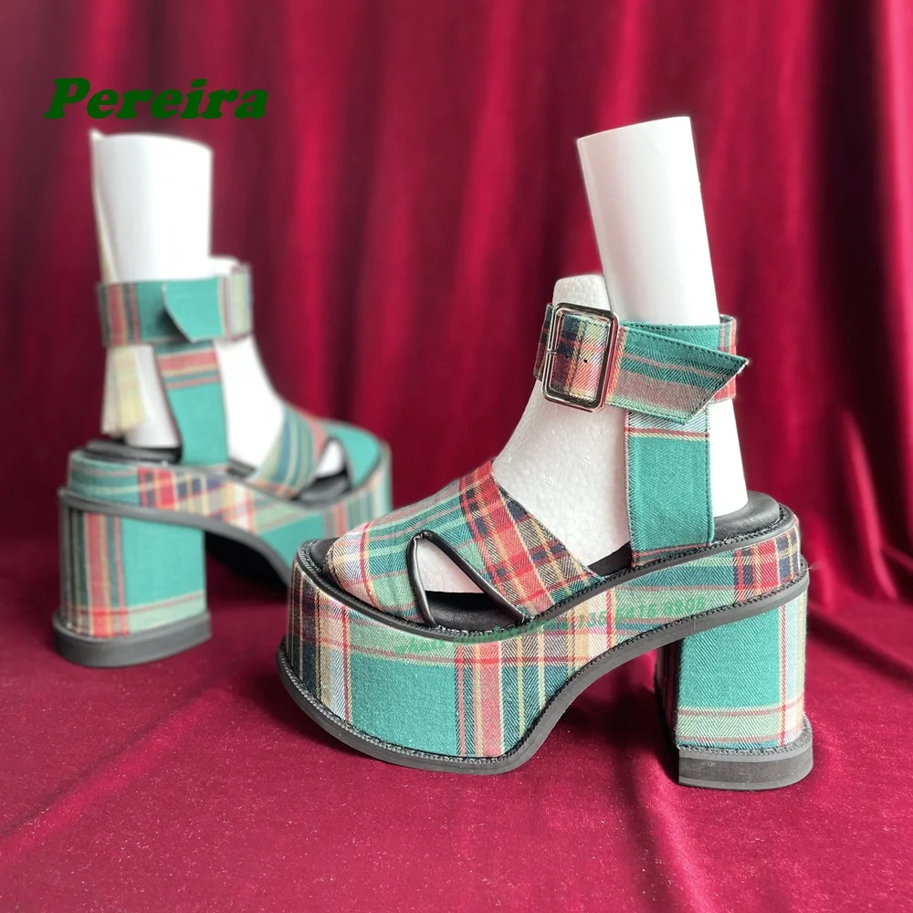 Plaid Pattern Peep Toe Sandals Cut Out Buckle Slingback Women's Sandals Chunky Heels Platform Retro Shoes Summer 2024 Lolita