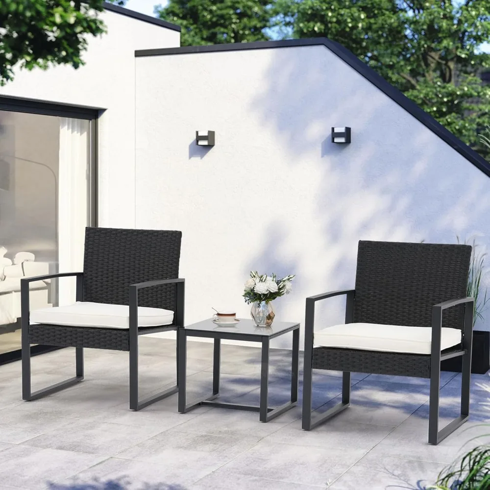 

3 Pieces Patio Bistro Set, PE Wicker Outdoor Patio Furniture Set, Modern Rattan Patio Chairs with Coffee Table, Patio Conversat