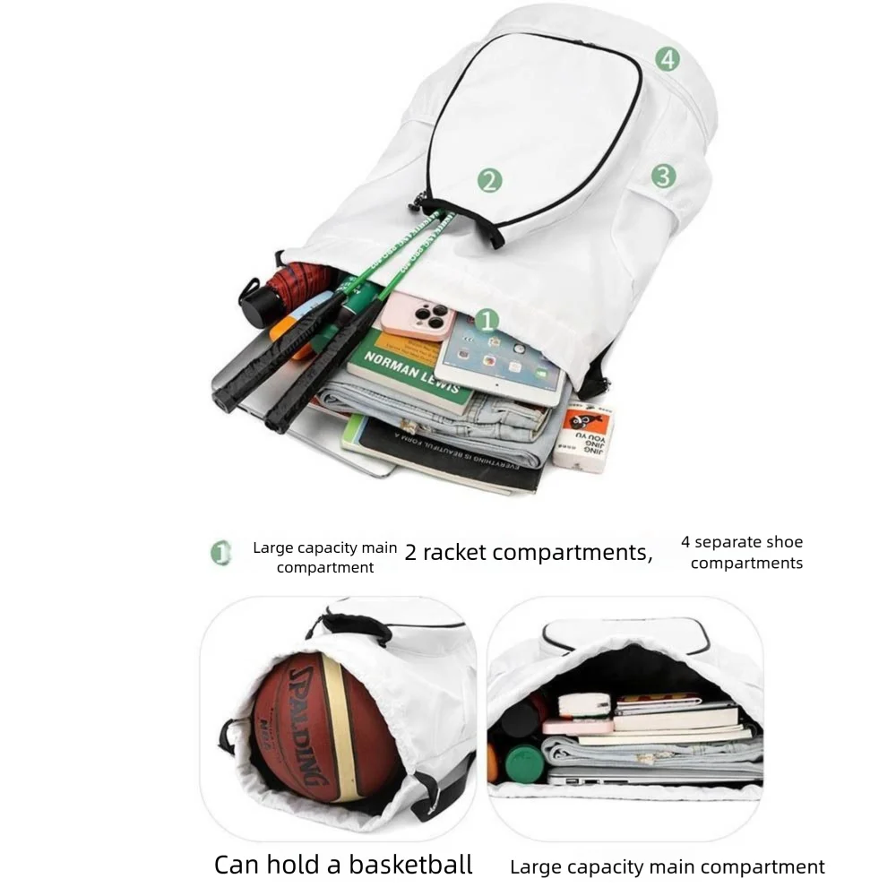 2 Rackets Tennis Racket Backpack with Shoes Pocket Waterproof Gym Pack Adjustable Strap Drawstring Closure Badminton Sports Bag