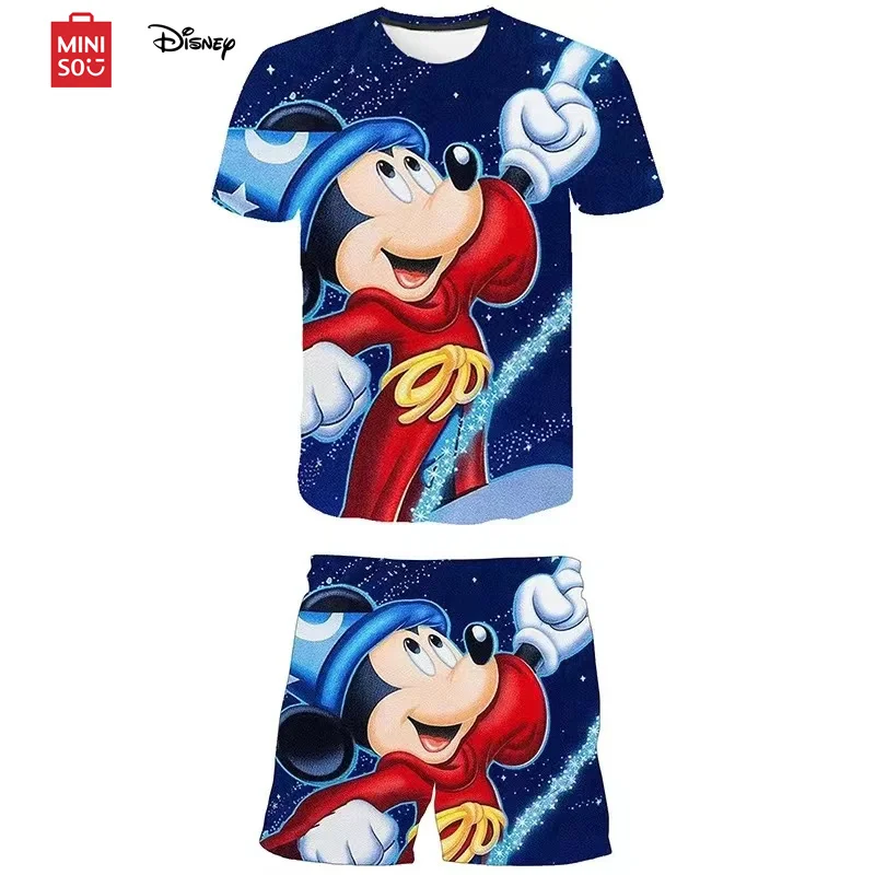 MINISO Kids Mickey Mouse Clothing Sets Children Boys Girls Disney Series T Shirts Summer Cartoon Casual Costume Outfits 1-14 Yrs