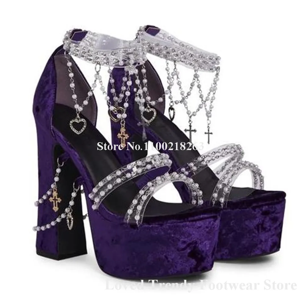 Blue Purple Pink Velvet Pearls Chains Chunky Heel Sandals Open Toe PVC Patchwork High Platform Beaded Thick Heel Wedding Heels