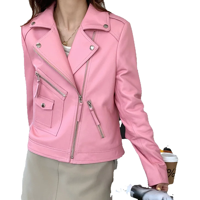 Chaqueta de cuero ajustada y corta para mujer, cuello occidental, motocicleta de piel de oveja, nueva